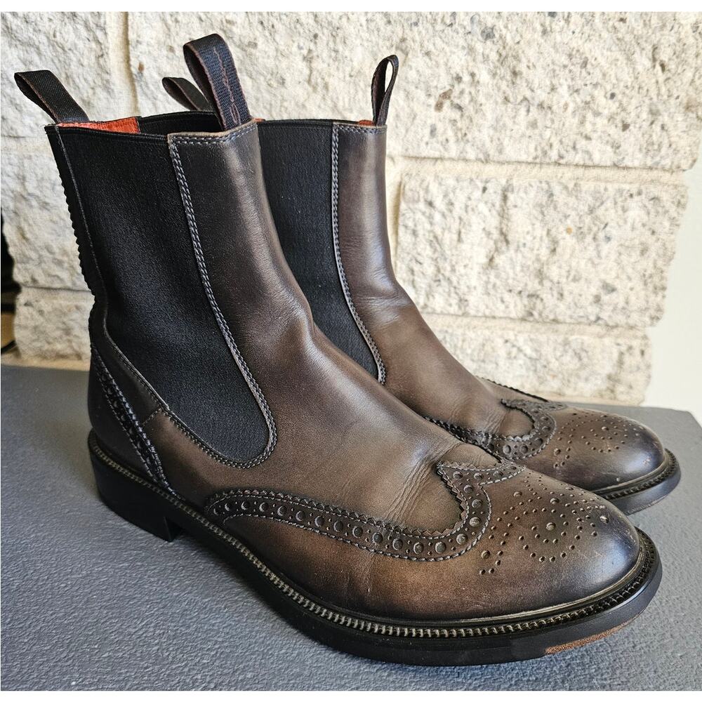 Santoni Wingtip Leather Western Boots, Dual Tab, Womens Sz EU 38=US 8